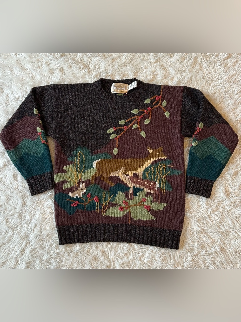 Vintage 1988 Susan Bristol Shetland Wool Woodland Deer Sweater size 34 Med? HTF